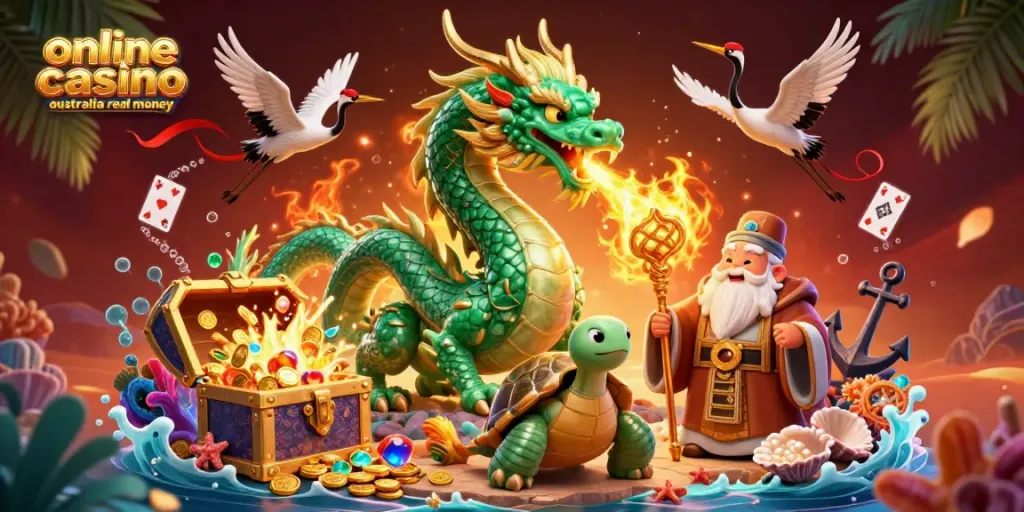 Experience excitement at online casino Australia real money with dragons, turtles, and casino treasures.