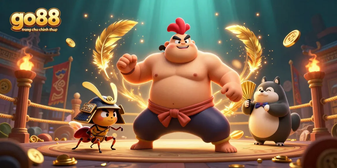 Engage with go88 trang chu chinh thuc in a dynamic 3D scene featuring a powerful sumo rooster and samurai cricket.