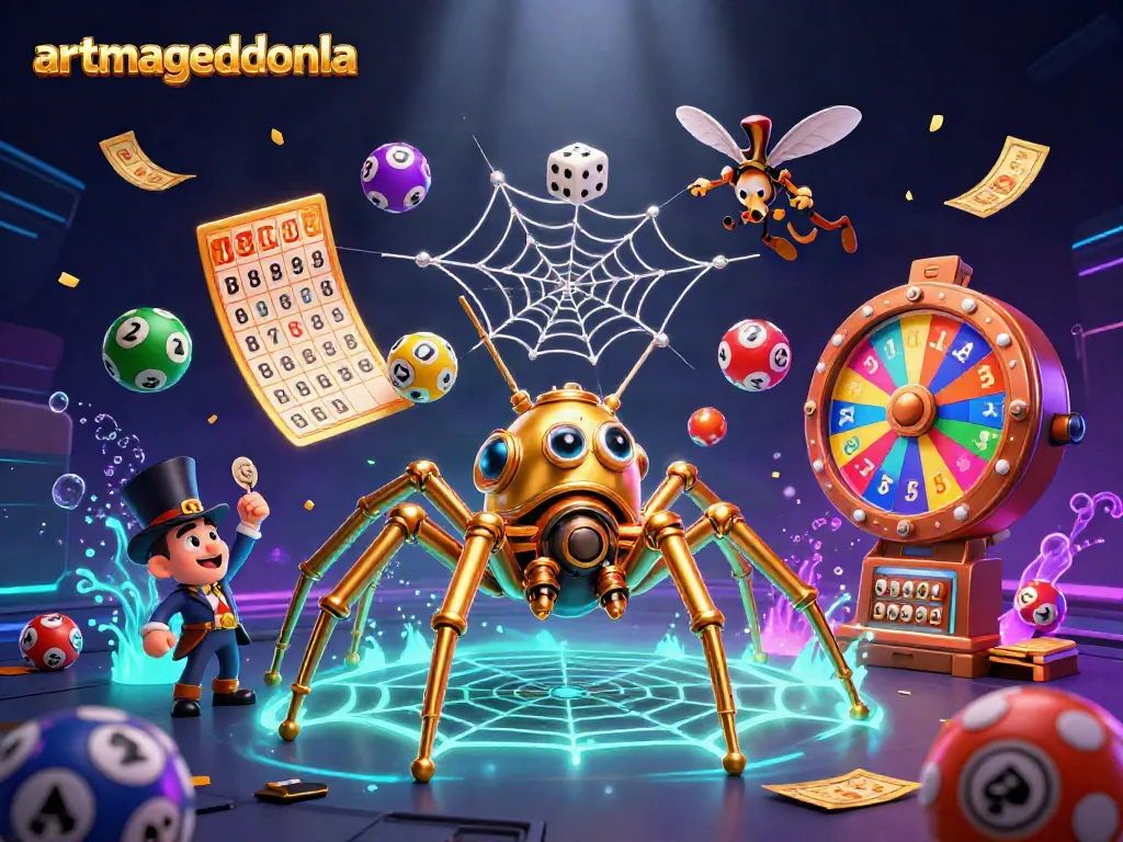 artmageddonla showcases an exhilarating casino scene with a whimsical steampunk spider and dynamic lottery elements.