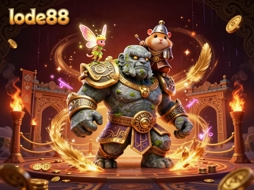 Experience the vivid dynamics of lode88's casino scene with a magical golem and fairy companions.