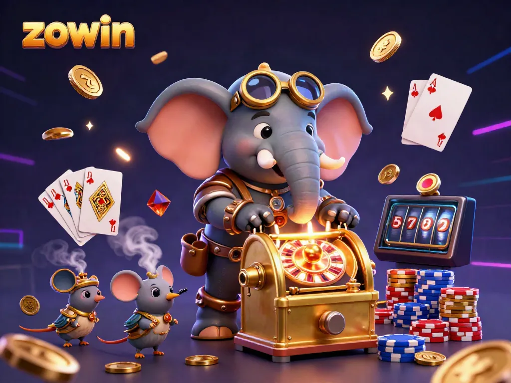 Experience the thrills of gambling with the zowin steampunk-inspired slot machine scene featuring coins and roulette.