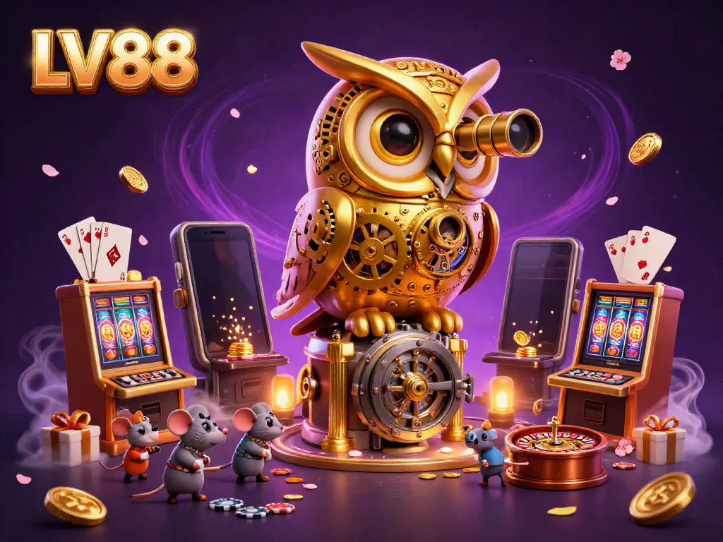 Experience thrilling gameplay at LV88 with a vibrant casino illustration showcasing golden owls and animated slot games.