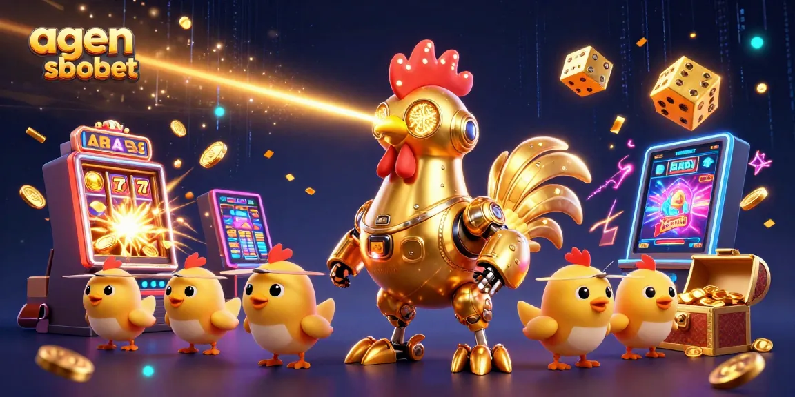 Play exciting games with agen sbobet, featuring a golden rooster robot, coins, and vibrant casino elements.