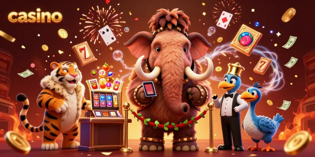 Welcoming scene at a casino featuring a woolly mammoth bouncer, a saber-tooth VIP, and colorful game elements.
