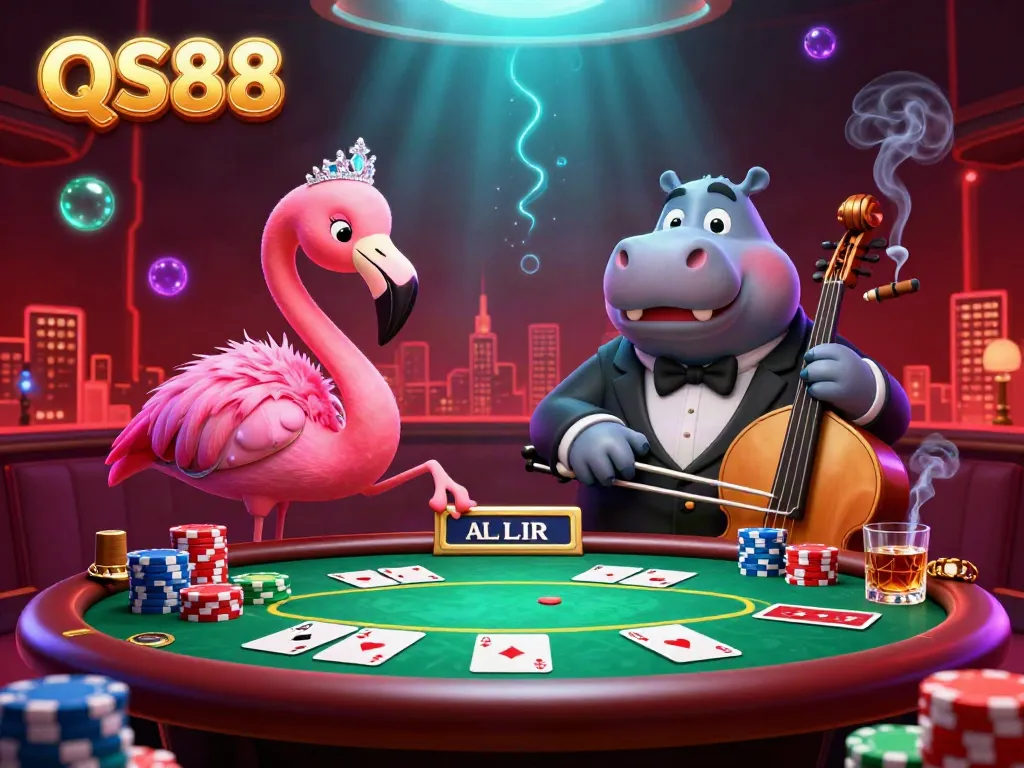 Engage with QS88's vibrant casino scene featuring a flamingo singer and hippo bassist in a lively atmosphere.