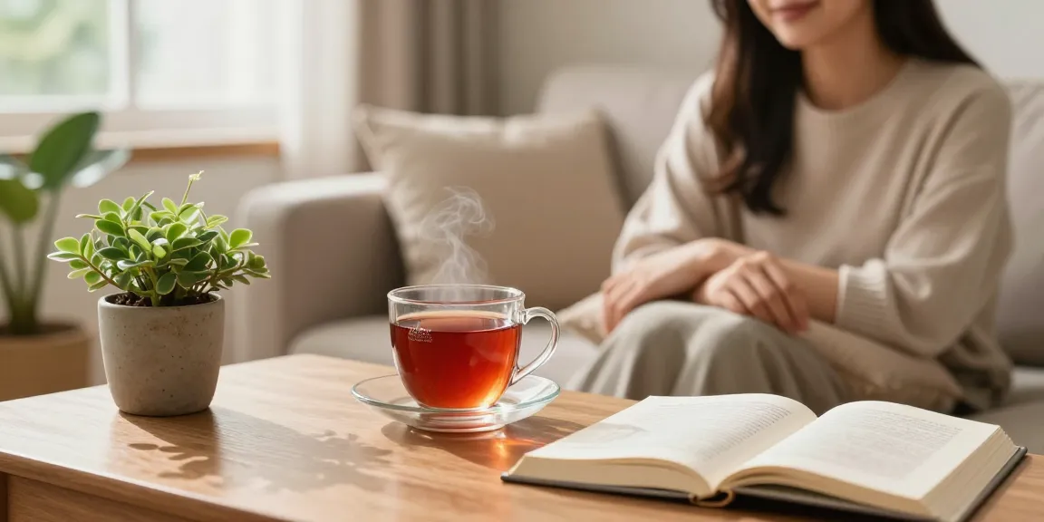 Enjoying Happy Go Leafy red thai kratom tea in a serene home setting.