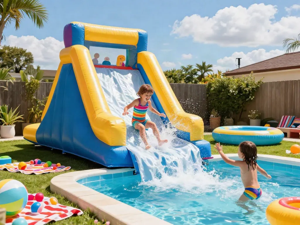 Children joyfully sliding down an inflatable water slide, splashing into the pool on a sunny summer day.