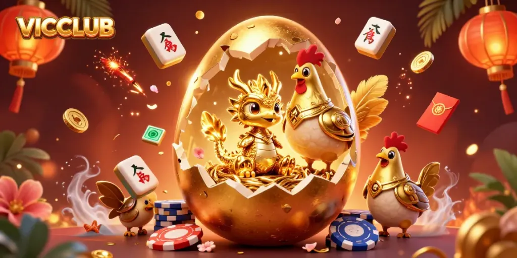 Experience the excitement of VICCLUB with this vibrant 3D illustration featuring golden gaming elements and a majestic dragon.