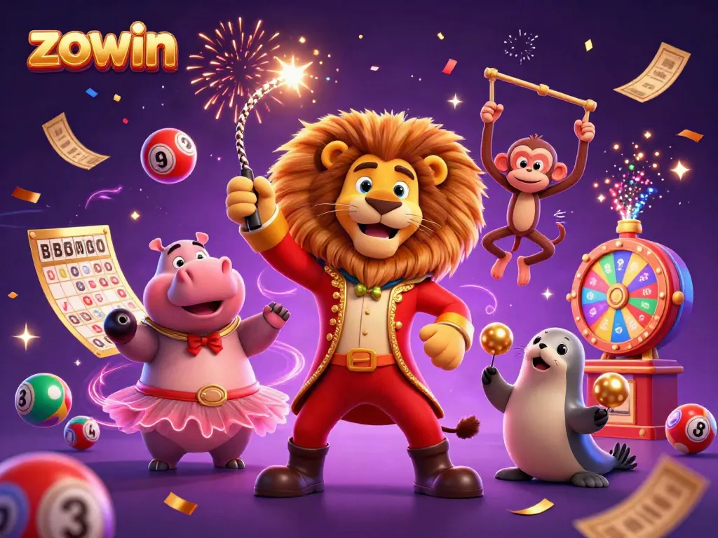 Experience thrilling gambling excitement with Zowin in a lively circus-themed illustration.
