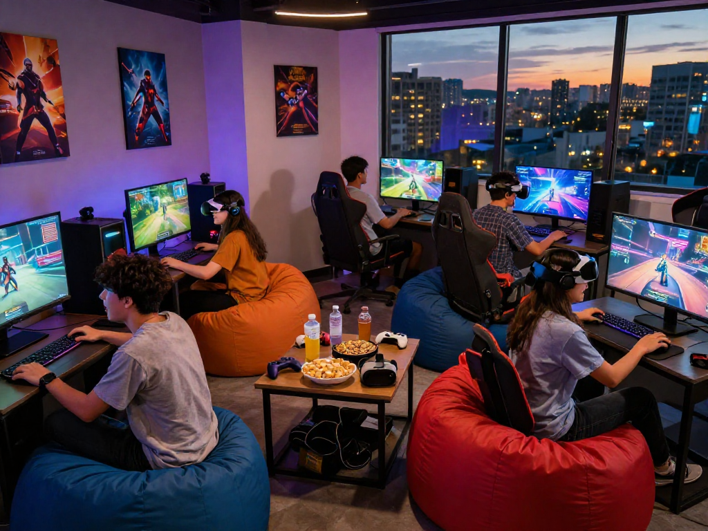 Group enjoying adult games in a vibrant gaming lounge, showcasing interactive experiences and fun.