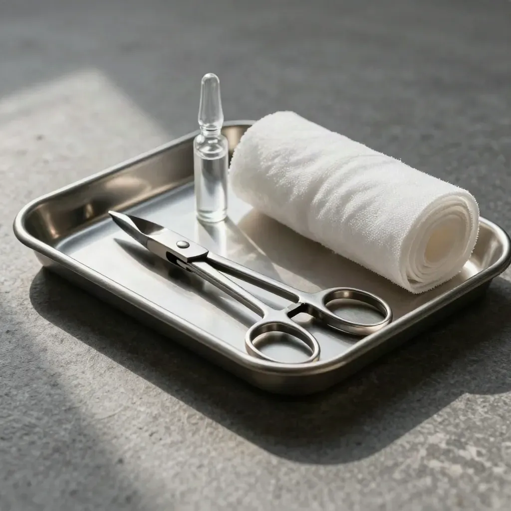 Surgical tools on a steel tray: forceps, glass ampoule and rolled gauze in dramatic light.