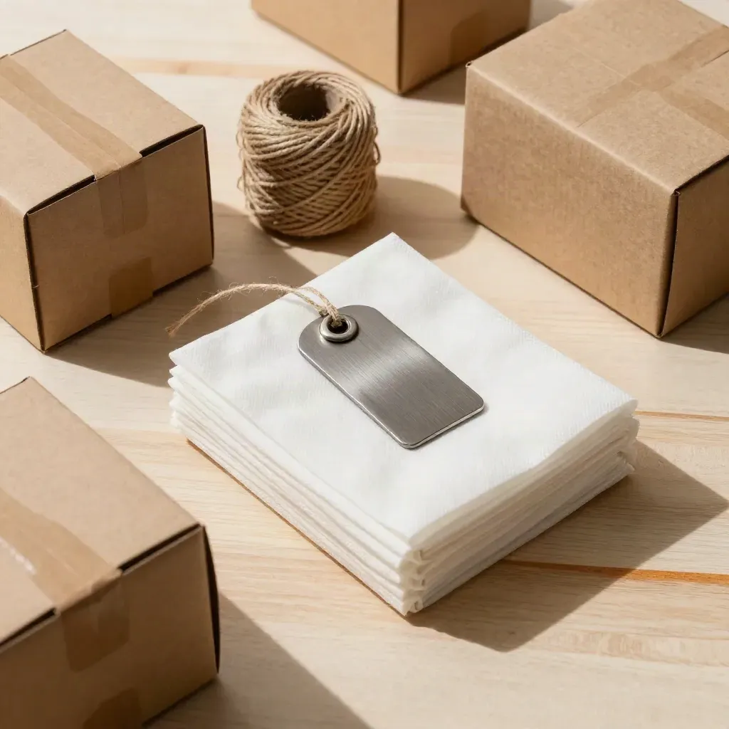 Top-down premium still life of shipping boxes, twine, metal tag fastener, and tissue on pale wood.