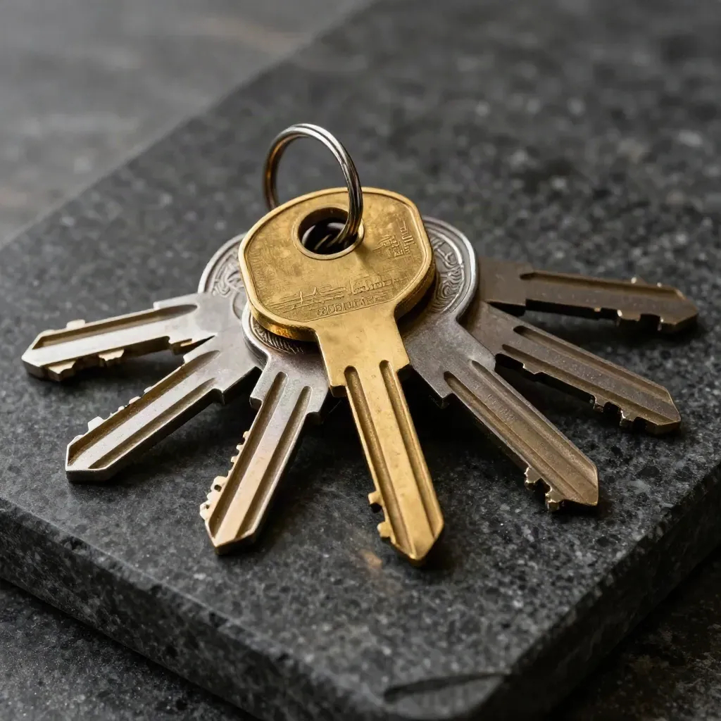 Brass vault keys and seal on a dark stone tray in dramatic macro light.