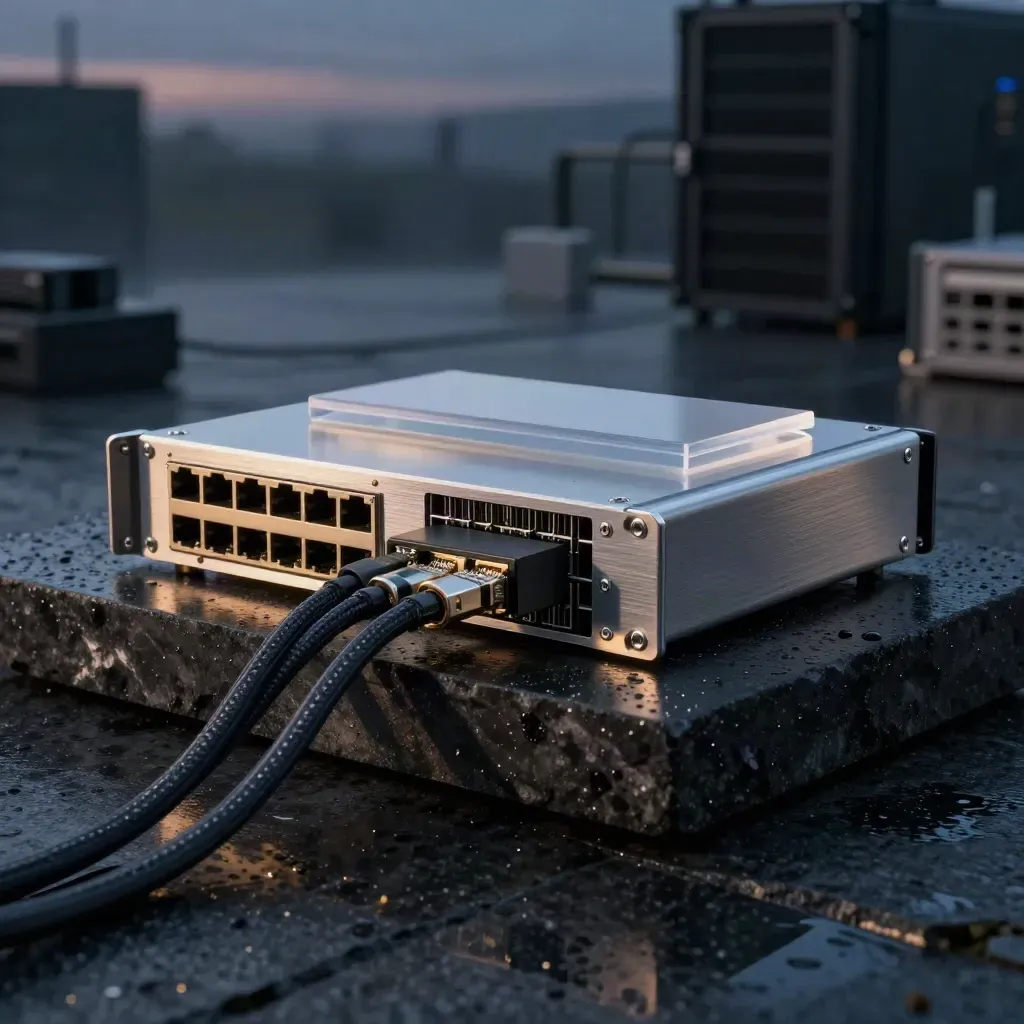 Rain-beaded modular server hardware on a stone plinth in moody studio light.