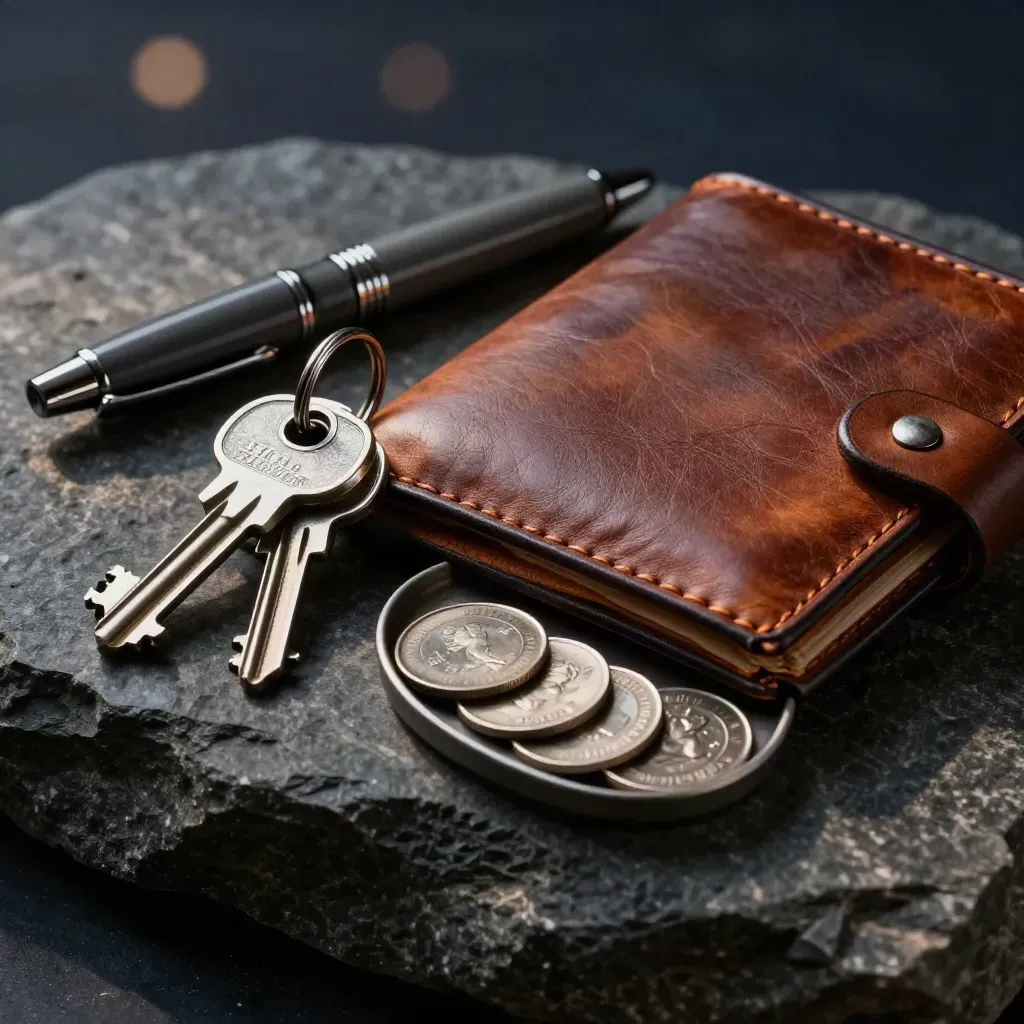 Macro still life of finance tools: vault keys, pen, leather wallet and coin tray on dark stone.