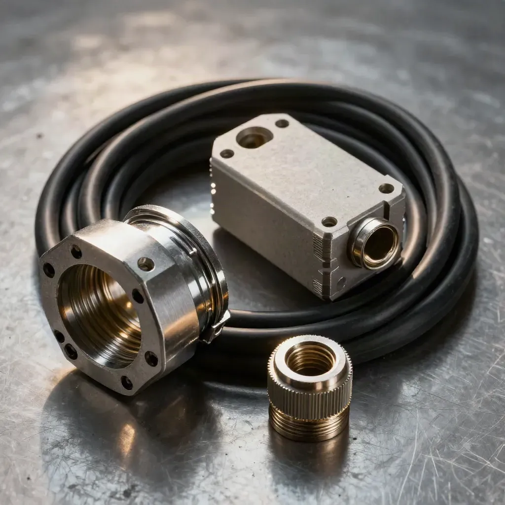 Industrial cable fittings on brushed metal, lit dramatically with deep shadow