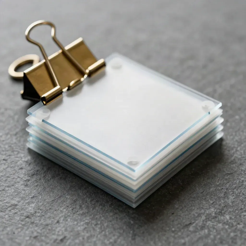 Macro still life of acetate wireframe sheets, brass clip and frosted spacers on graphite stone.