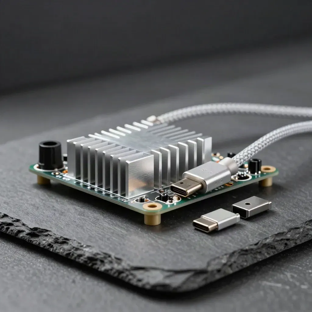 Aluminium dev board, heat sink, USB-C cable, and standoffs on a graphite surface