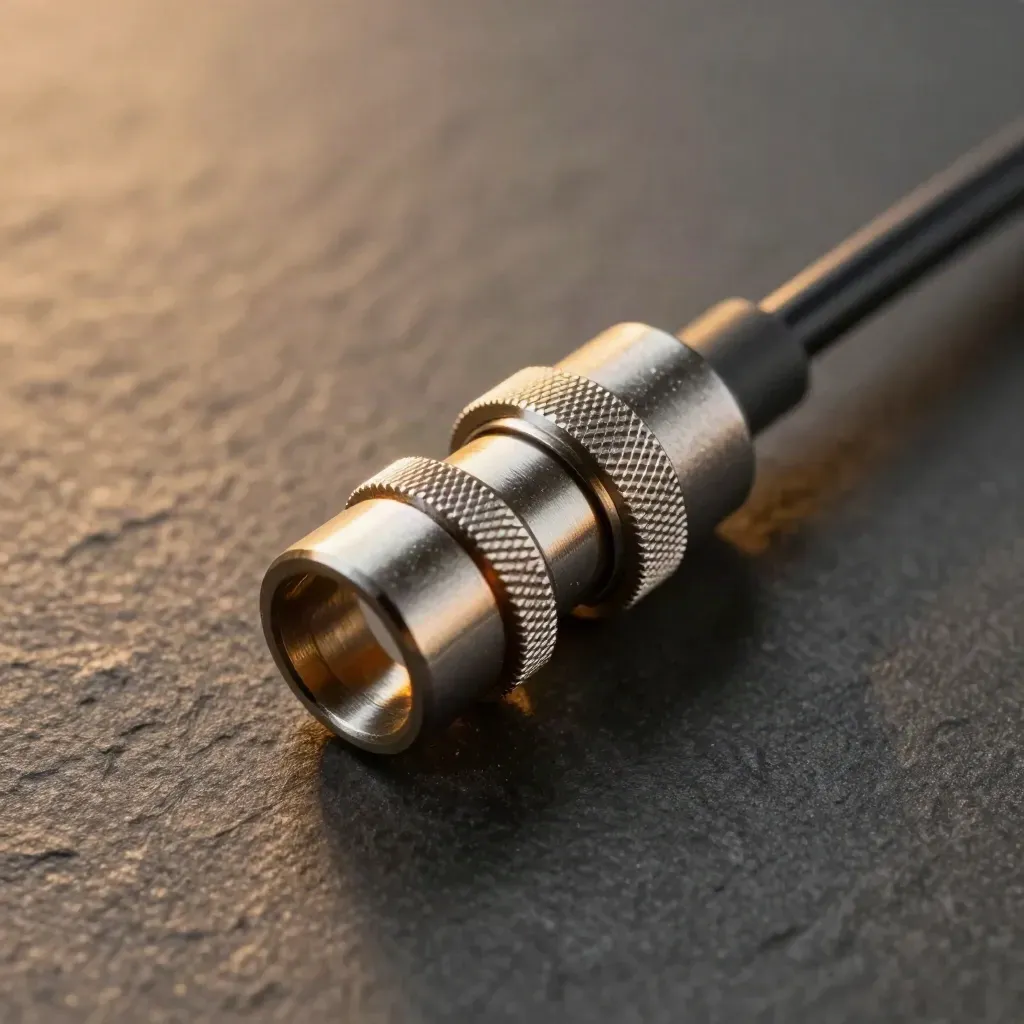 Macro of metal couplers and a patch cable joined on a graphite stone surface.