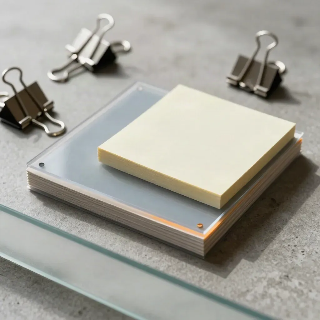 Macro flat lay of planning tiles, acetate overlays, sticky-note cube, and steel clips on concrete.