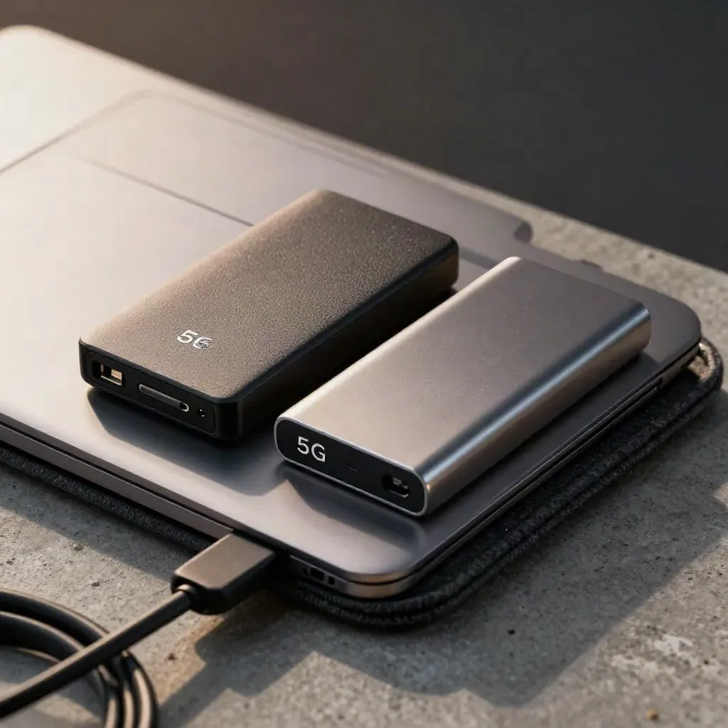 Closed aluminium laptop, hotspot puck, SSD and power bank in a gritty startup travel kit, shot through cable blur.