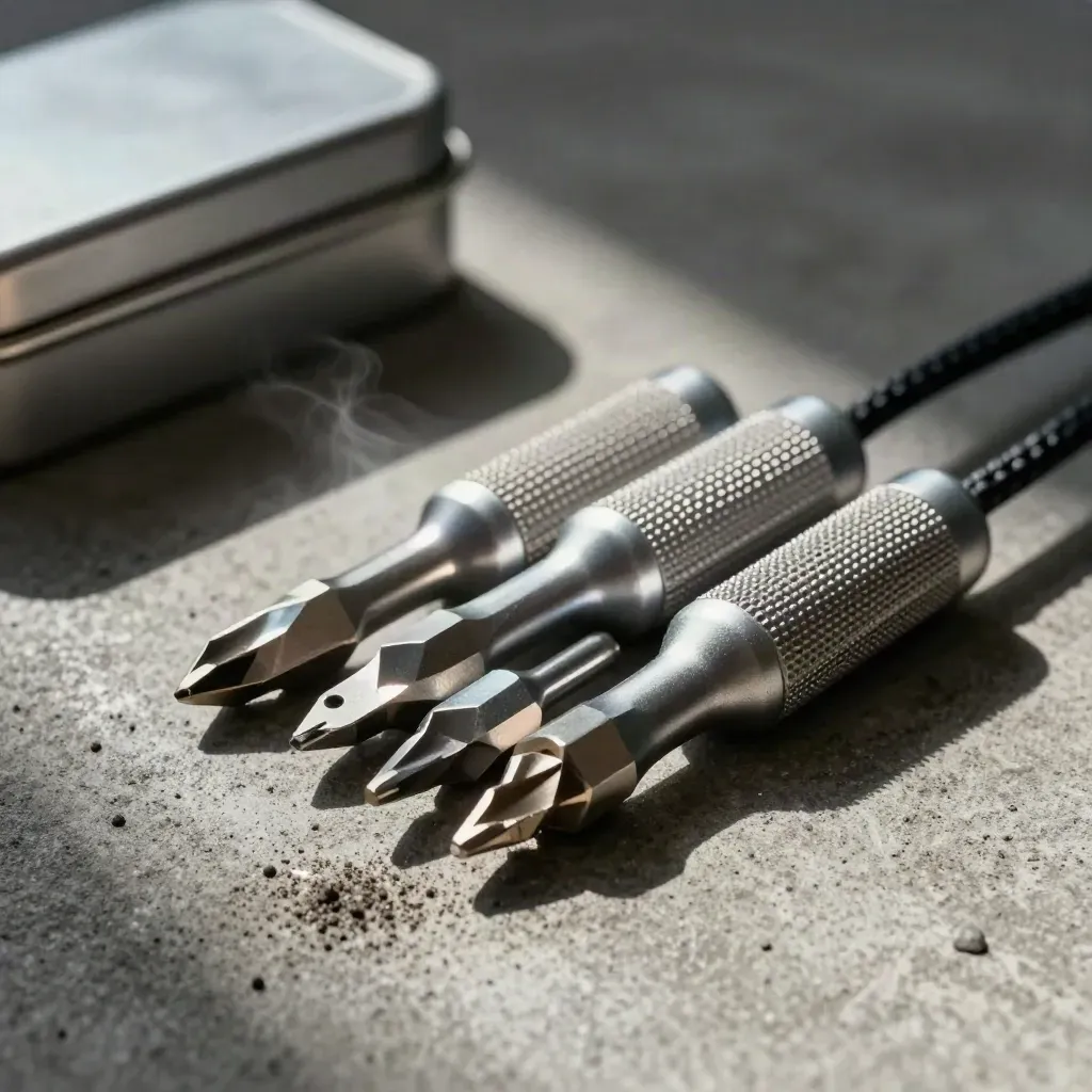 Precision screwdriver kit, connector ends, cable, and parts tin on concrete in dramatic studio light.