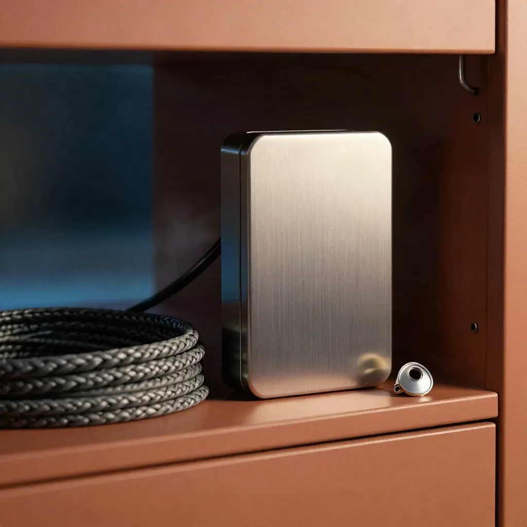 Patch cable, backup drive, and aluminium token in cool cabinet light.