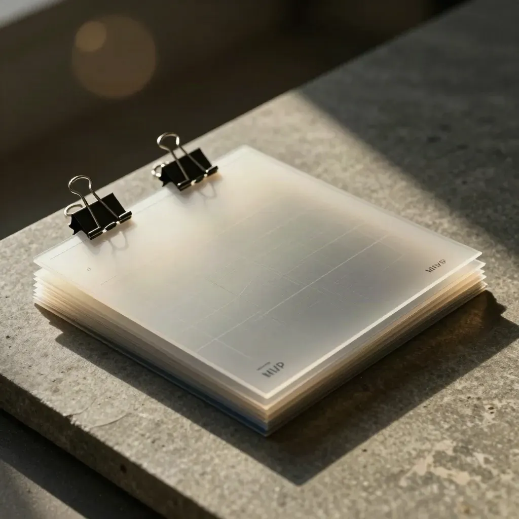 Acetate prototype stack with binder clips and frosted layout card on stone
