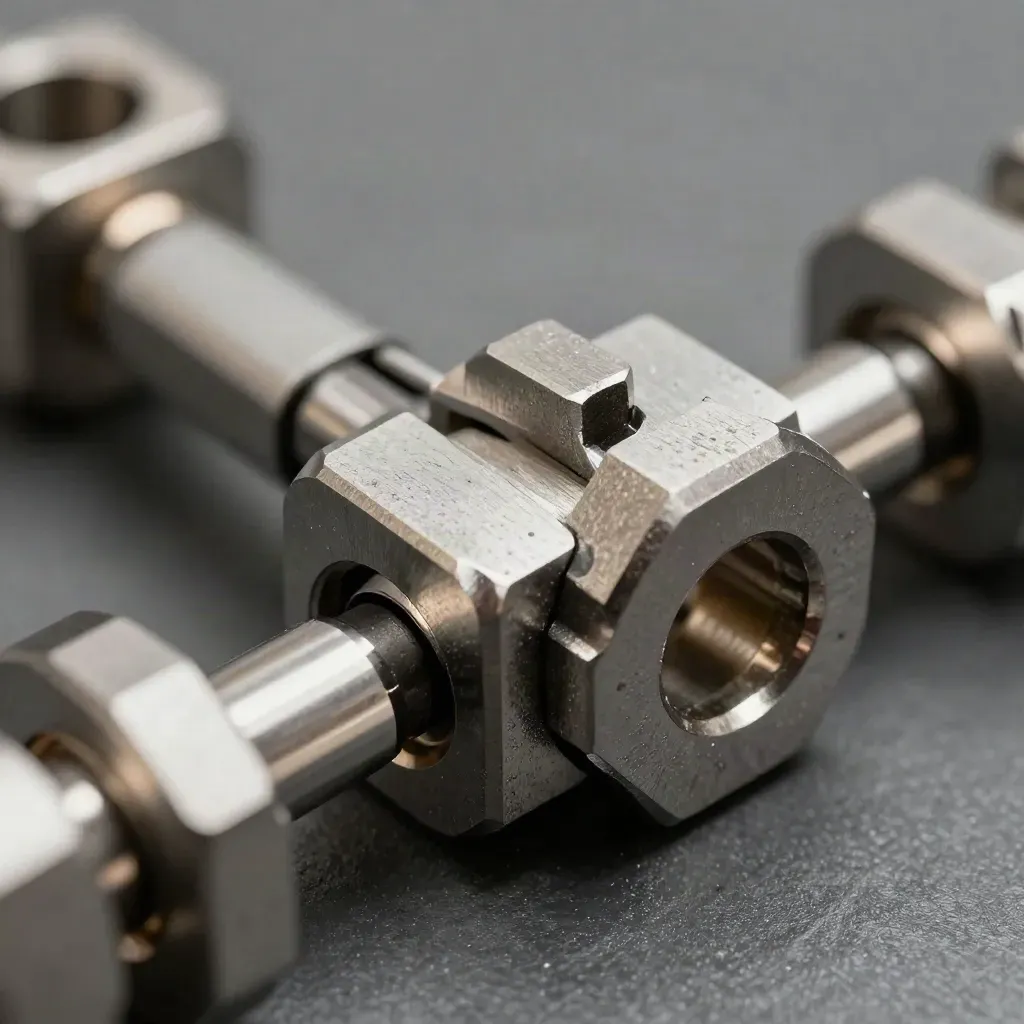 Macro still life of connector blocks, steel rings, and spacer bar on graphite surface