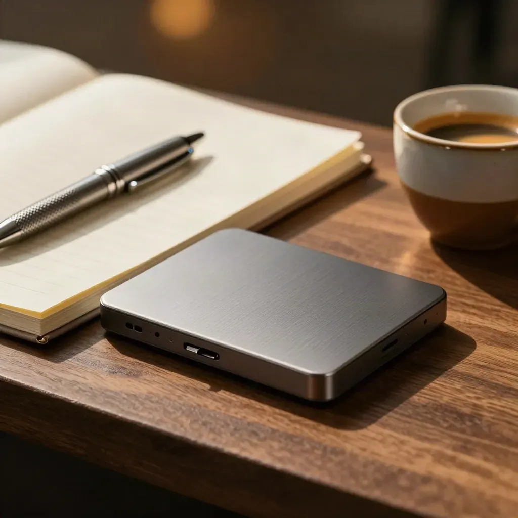 Brushed SSD, blank notebook, machined pen and espresso cup in warm macro close-up