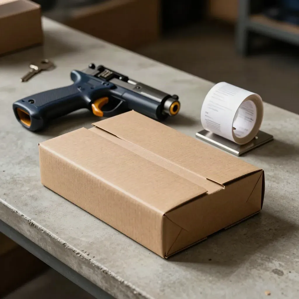 Packing tools on a concrete bench: tape gun, kraft roll, shipping carton, and receipt spike.