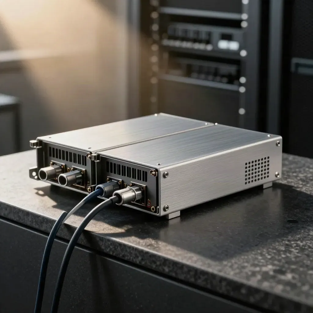 Brushed aluminium server module sliding into a bay with couplers and a rack bracket on dark stone.
