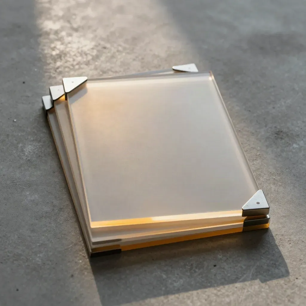 Top-down acrylic prototype stack with clips and layout tiles on grey concrete.
