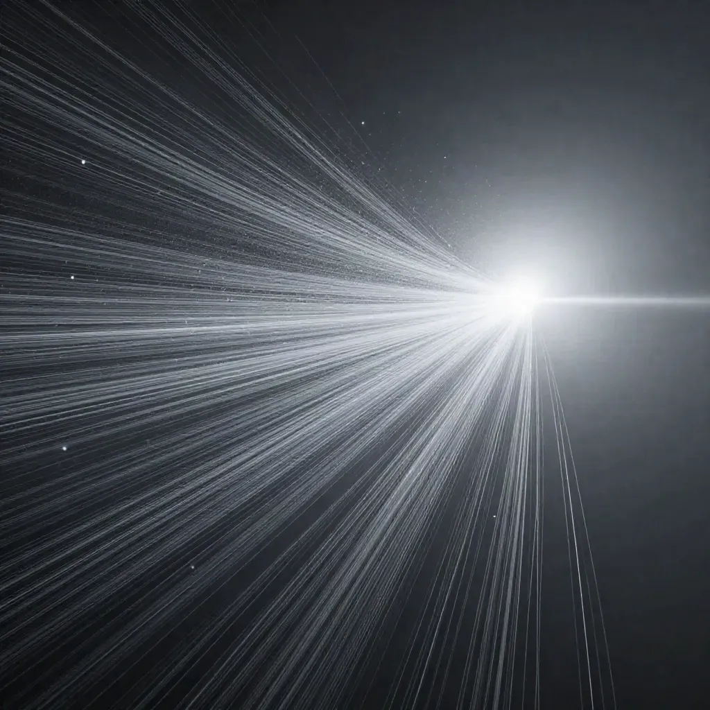 Silver filaments converge into a white bloom in dark graphite space, with drifting motes.