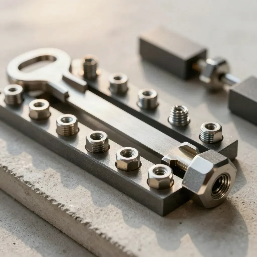 Macro still life of graphite blocks, steel screws, bridge plate, and nut cluster on pale concrete.