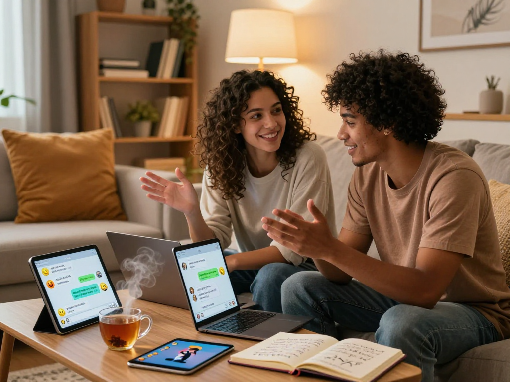 Couple enjoying ai sex chat in a cozy room with digital devices and warm lighting.