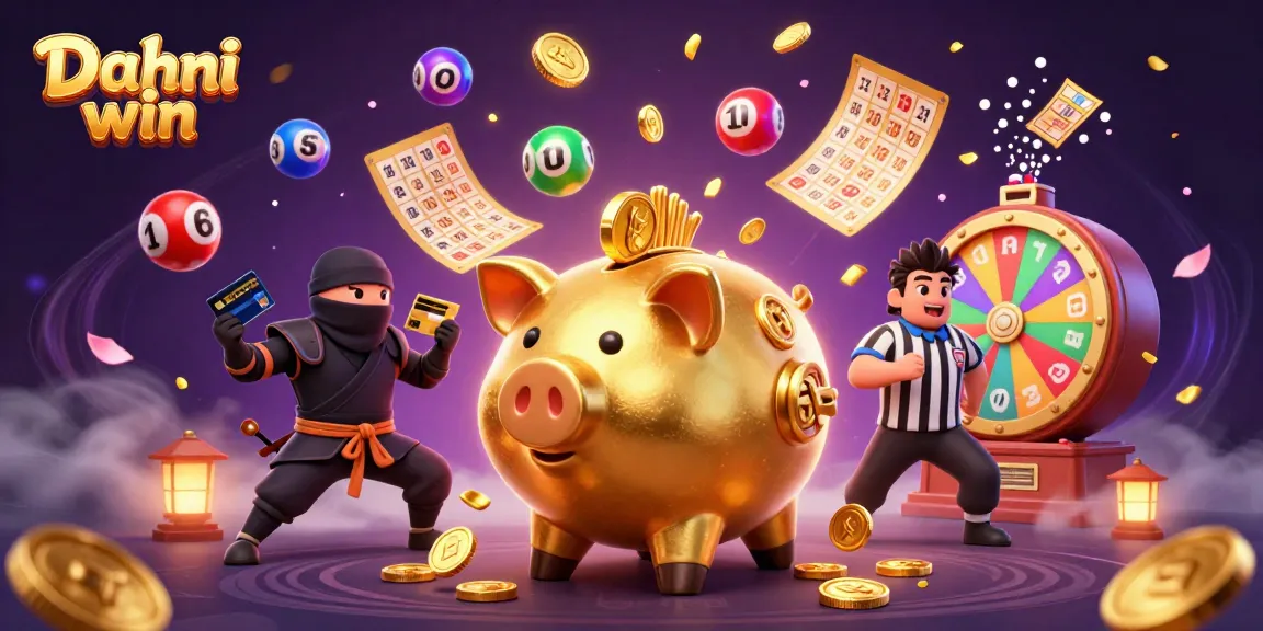 Dive into excitement with Dhani win's vibrant lottery balls and thrilling casino action featuring colorful characters.