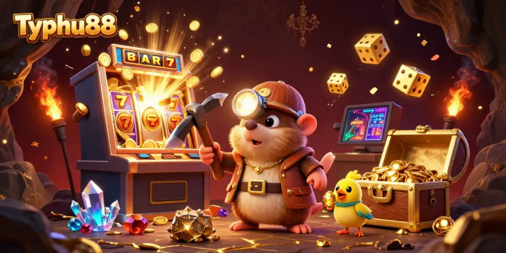 Typhu88 showcases a vibrant casino adventure with a treasure hunter mole, jackpots, and exciting game elements.