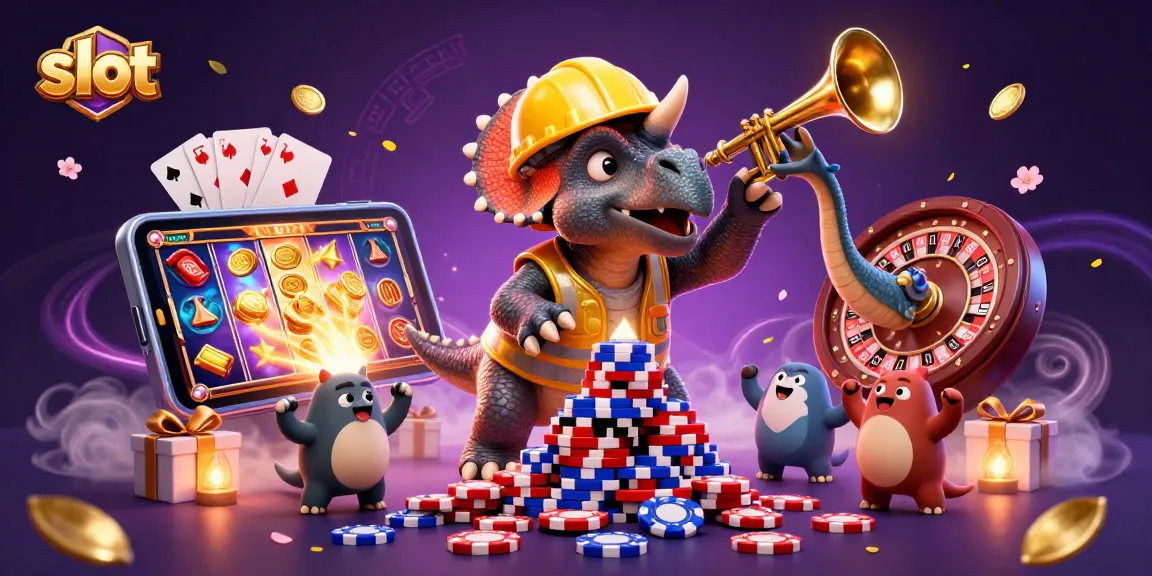 Experience thrilling slot action with a playful triceratops and vibrant casino elements.