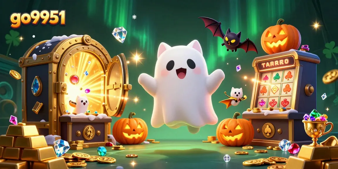 Experience the thrill at go9951 with our colorful casino-themed illustration featuring a ghost cat and vibrant treasures.