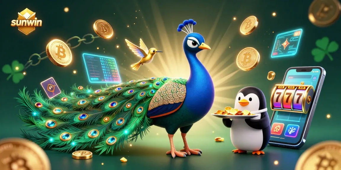 Sunwin casino illustration with peacock and penguin, showcasing vibrant slots and crypto elements