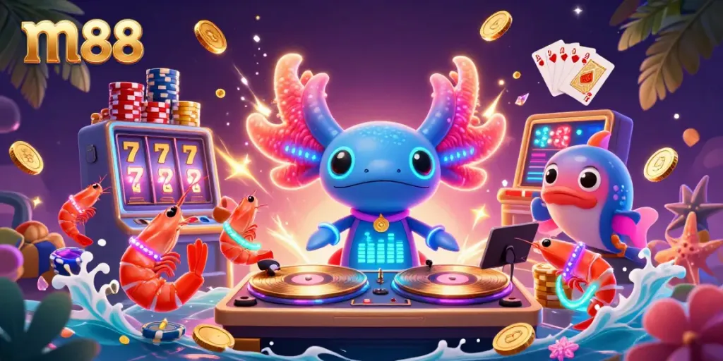 Experience the excitement of m88 with a vibrant digital casino scene featuring unique aquatic characters.