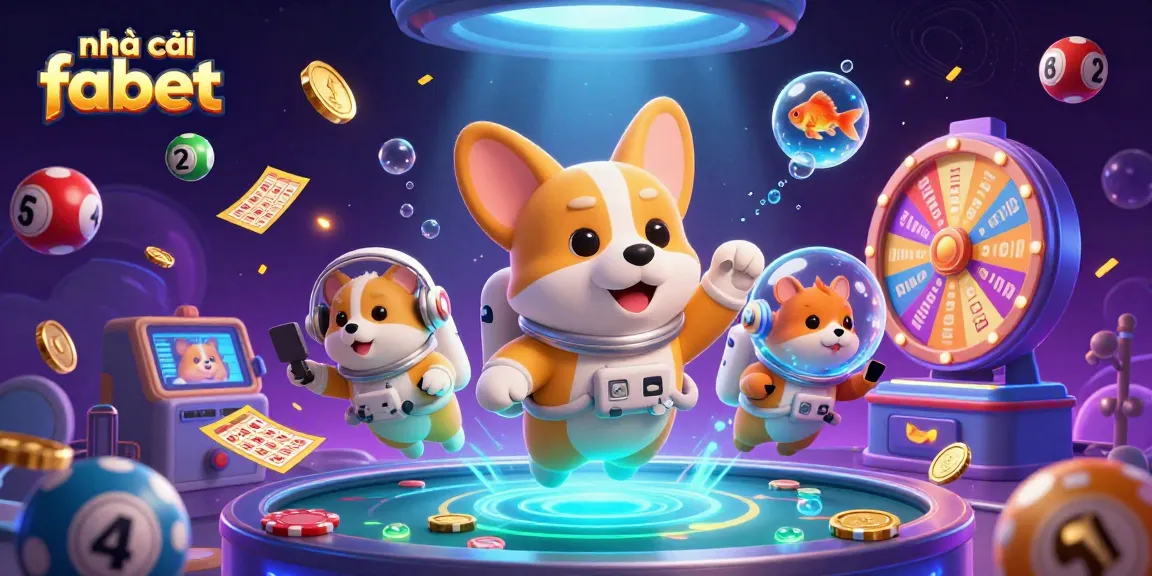 Join the action at nhà cái fabet with a floating corgi in a space casino, vibrant game elements all around.
