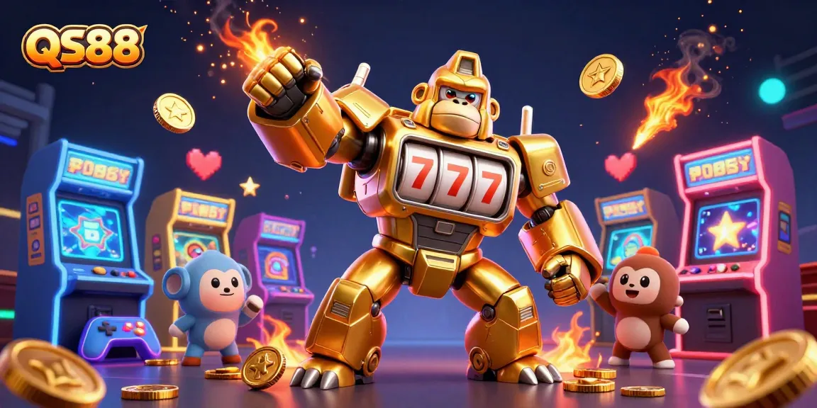 Experience thrilling wins with QS88's golden gorilla mech in a vibrant casino showdown.
