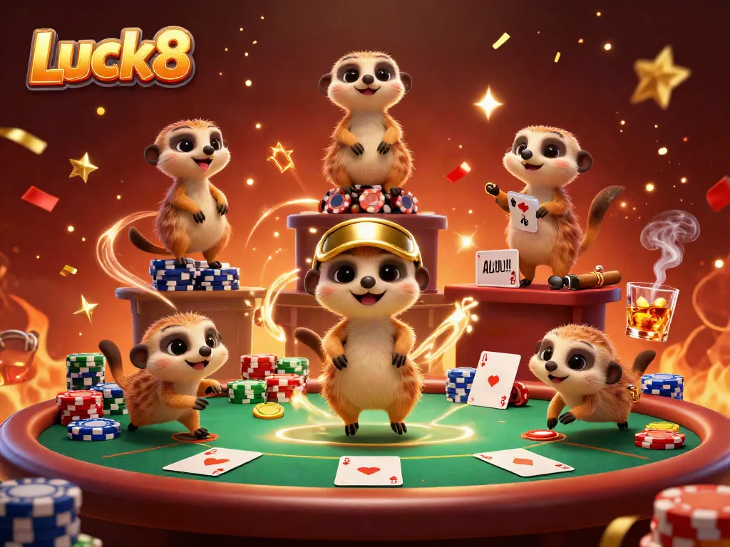 Luck8 meerkats engaging in a vibrant casino scene, showcasing dynamic gaming elements.