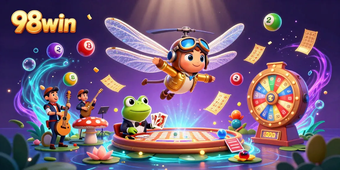 Experience thrilling games at 98win with a vibrant casino scene featuring colorful lottery balls and engaging characters.
