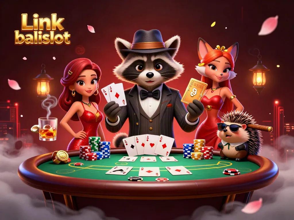 Engage with the vibrant energy of a casino scene at Link balislot, featuring a raccoon with a royal flush and lively companions.