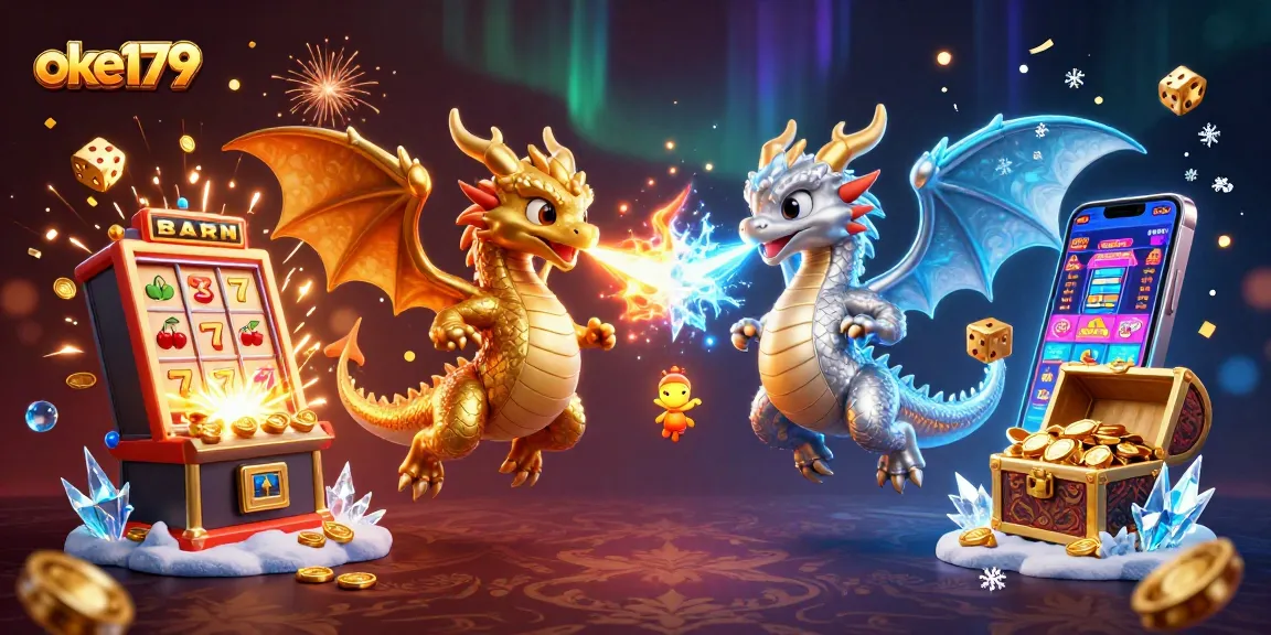 Experience thrilling moments at oke179 with dynamic dragons and casino elements in a vibrant 3D illustration.