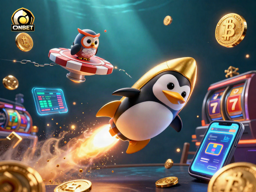 Experience thrilling moments with ONBET's golden penguin spaceship at a vibrant casino space station.