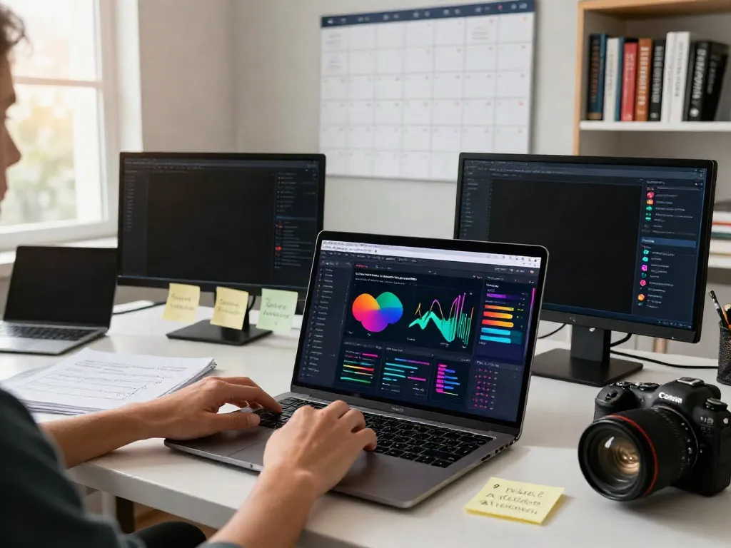 Marketer using SEO tools for instant indexing strategies in a vibrant workspace